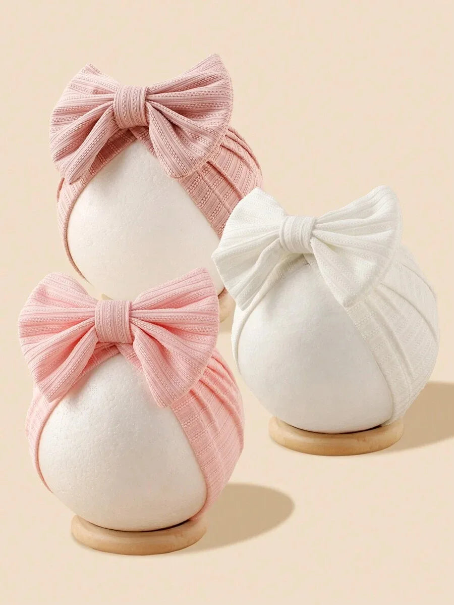 3pcs/set Baby Strips Bow Bonnet Solid Color Breathable Soft Turban For Infant Girls Large Bow Beanie For Photograph Headdress