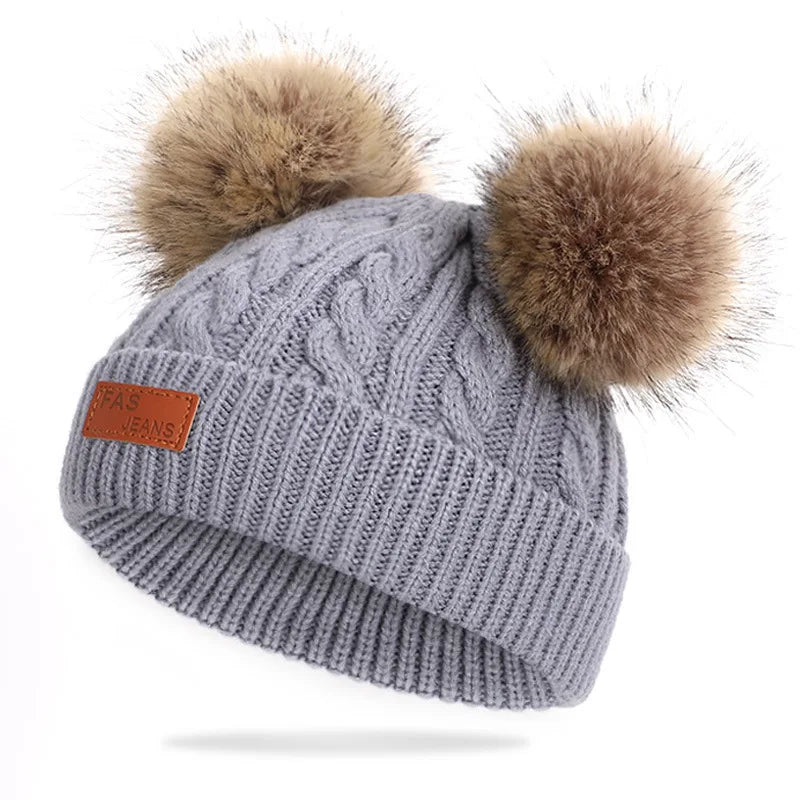 Winter Children Scarf And Hat Three Piece Set With Pom Pom Baby Infant Knitted Hat Warm Wool Thickened
