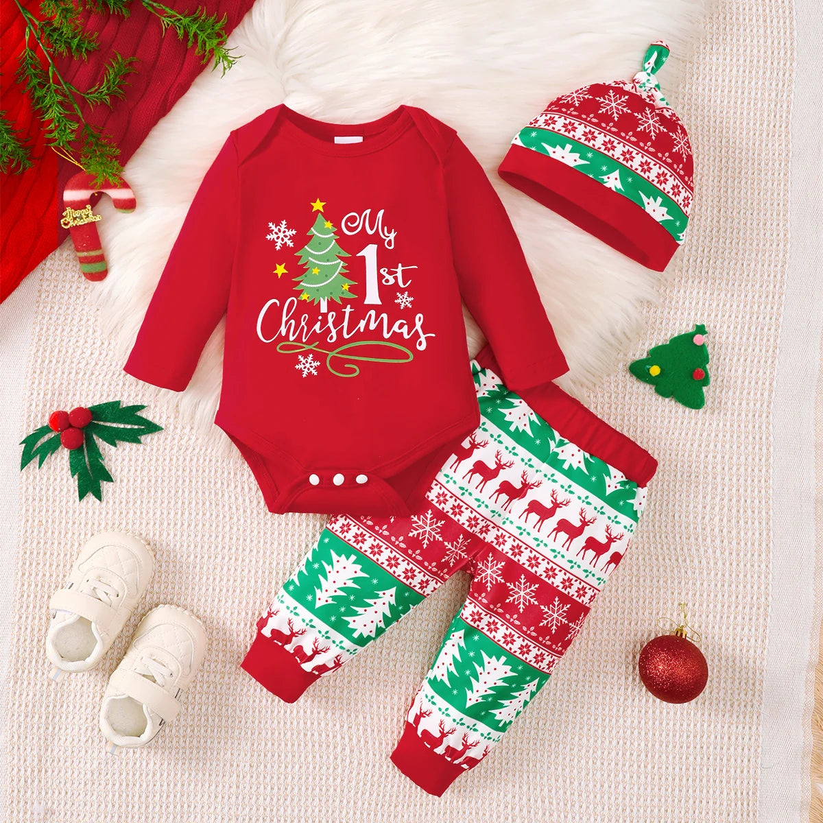 3Pcs Baby Boy Christmas Set Christmas Tree Printed Long Sleeve Bodysuit+Long Sleeve+Hat Set 0-18 Months Baby Boy Festival Set
