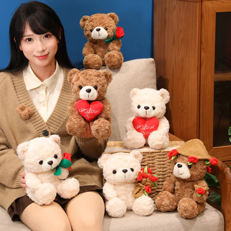 Wholesale Creative 16/25CM Bear Plush Toy Red Heart Romantic Rose Doll Soft Handmade Holding Flowers Bear Doll Home Decoration