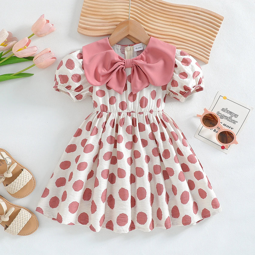 Body Girls Puff Sleeve Summer O-neck With Bow Polka Dot Princess Dresses Children Casual Clothes Fashion 2-6 Years