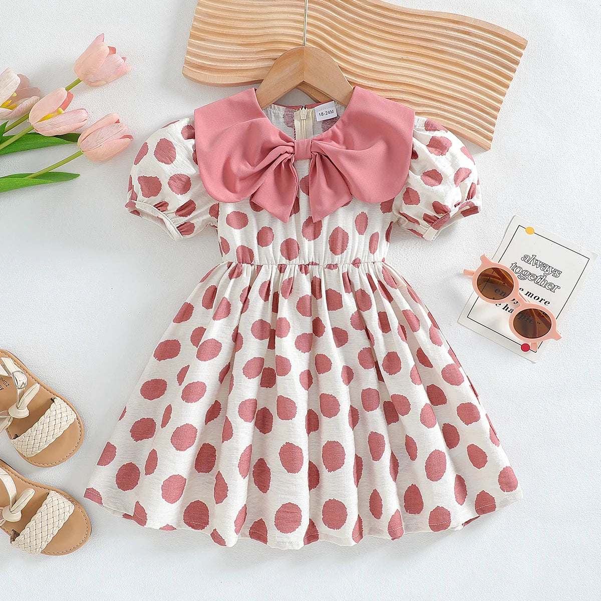 Body Girls Puff Sleeve Summer O-neck With Bow Polka Dot Princess Dresses Children Casual Clothes Fashion 2-6 Years