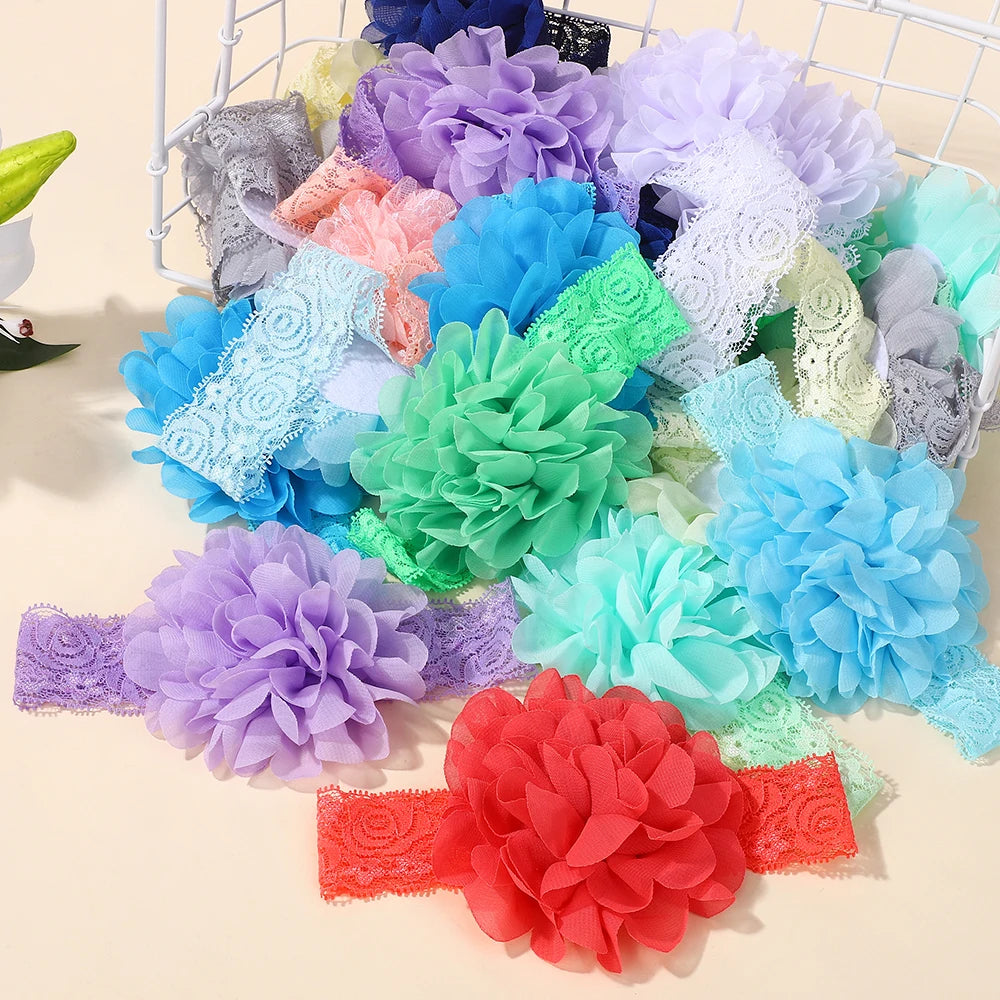 20Pcs random color lace nylon hair band for baby elastic wide band flower headband cute infant no harm to hair headdress
