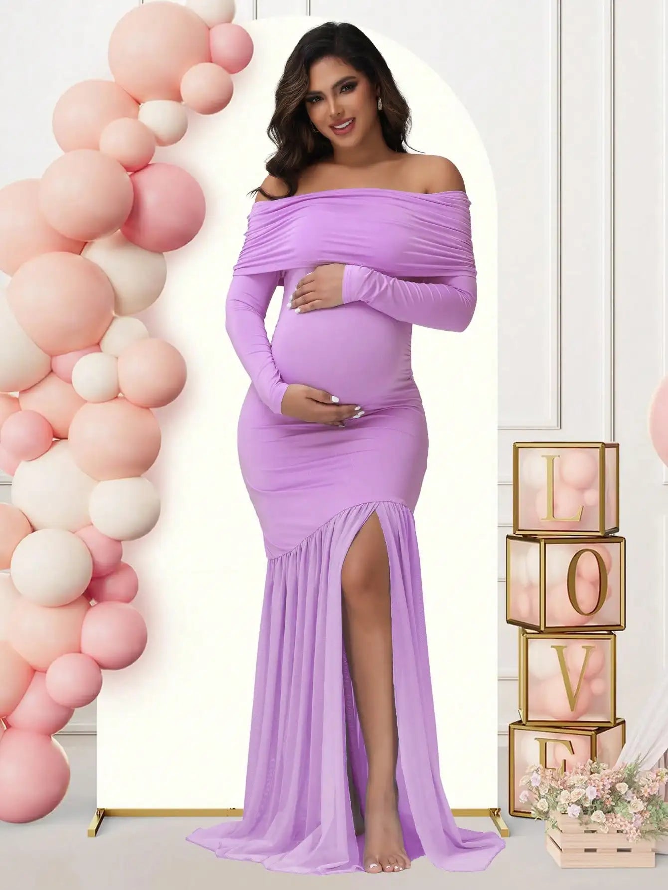 Maternity One Shoulder Off Shoulder Dress With Slit Hem Gown A123 For Baby Shower And Evening Party