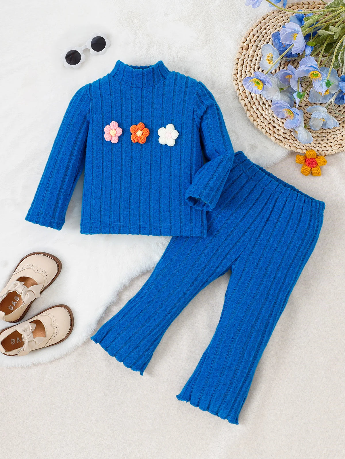 Baby Girl 2-Piece Top With Small Floral Pattern And Solid Color Pants Set 0-3 Years Half High Collar