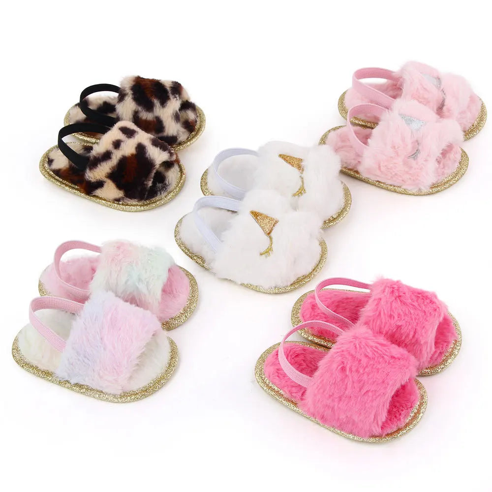 Spring Winter Fashion Multicolor Faux Fur Baby Girl Slipper Non-slip Newborn Cute Infant Toddler Crib Dress Shoes First Walkers