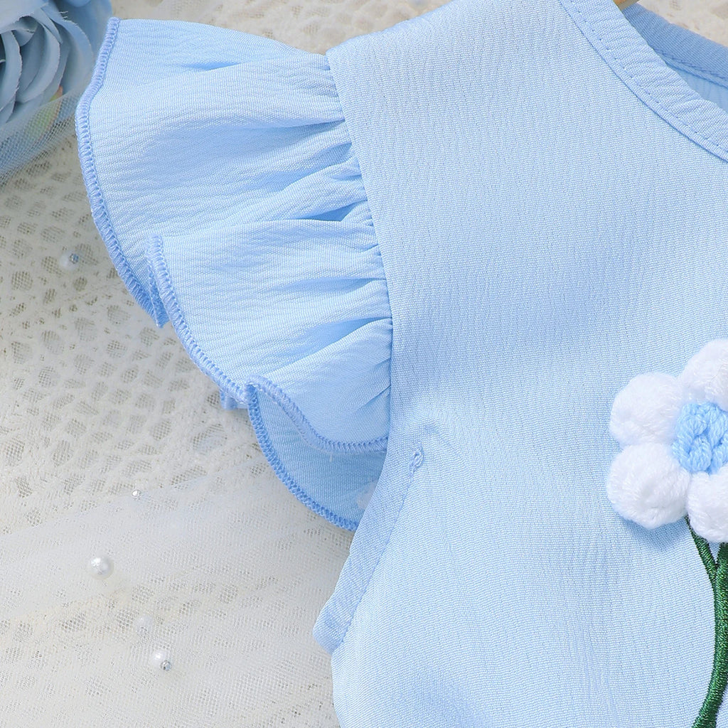 1-6 Year Girls' Summer Dress Round neck Beautiful Knitted Small Flower Embroidered Dress+Mini bag Set girls' Fashionable Dress