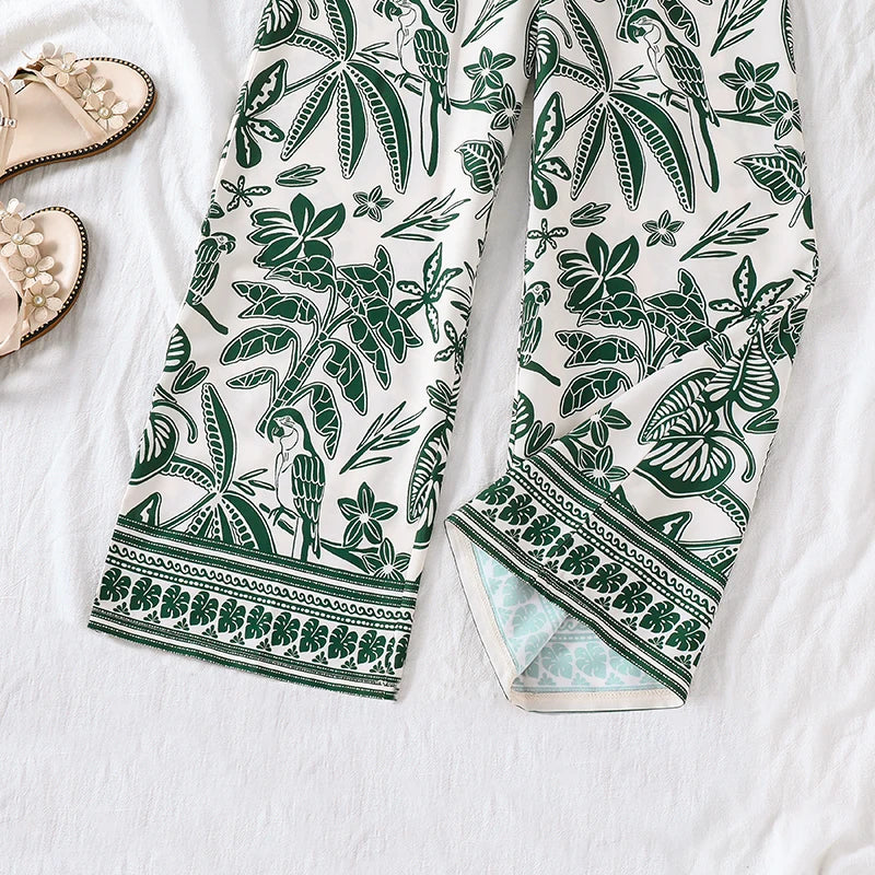 Teen Girls Botanical Print Jumpsuit, Back Big Bow Flared Cuff High Waist Loose Straight Long Casual Playsuit