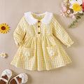 0-3 Year Cute Baby girl Dress Lace Border Doll Collar Yellow Checkered Dress for Toddlers Autumn Dress for Outdoor activities