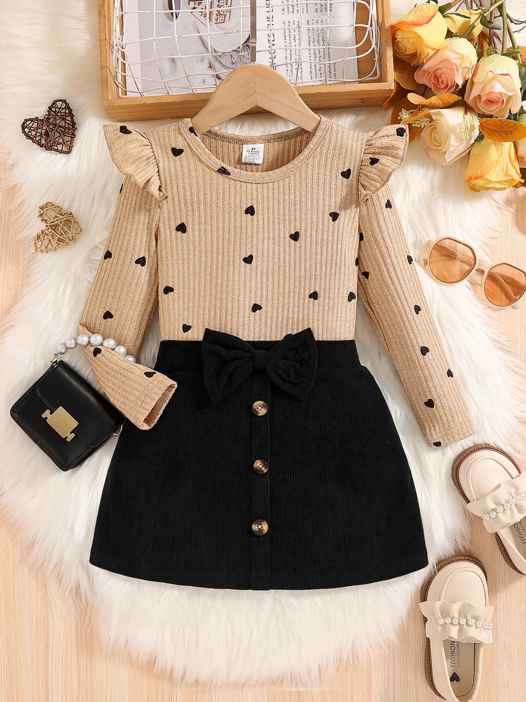 2-Piece Set for Girls in Spring and Autumn: Fashionable and Elegant Dress Set for Young Girls, Featuring a Round Neck, Ribbed Lace, Flutter Sleeves, Heart and Polka Dot Print Long-Sleeve Top + Black Skirt with Bow and Button