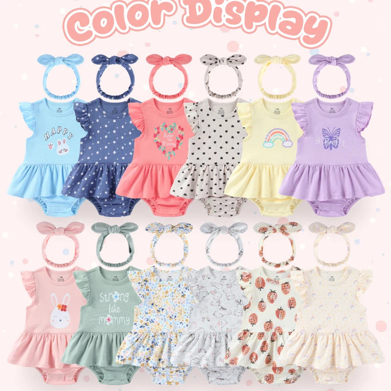 Cartoon Cute Baby Girl Clothing Set Ruffled Sleeveless Bodysuits Heaedband Summer Newborn Clothes 0-24 Months Infant Outfits