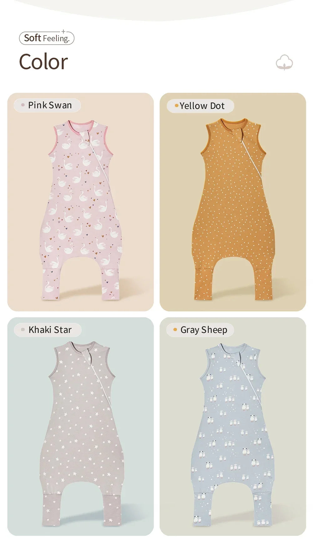 100% Cotton Baby Split Leg Sleep Sack Sleeveless Homewear Four Seasons Wear Two Way Zipper Comfortable Sleeping Bag for Infants