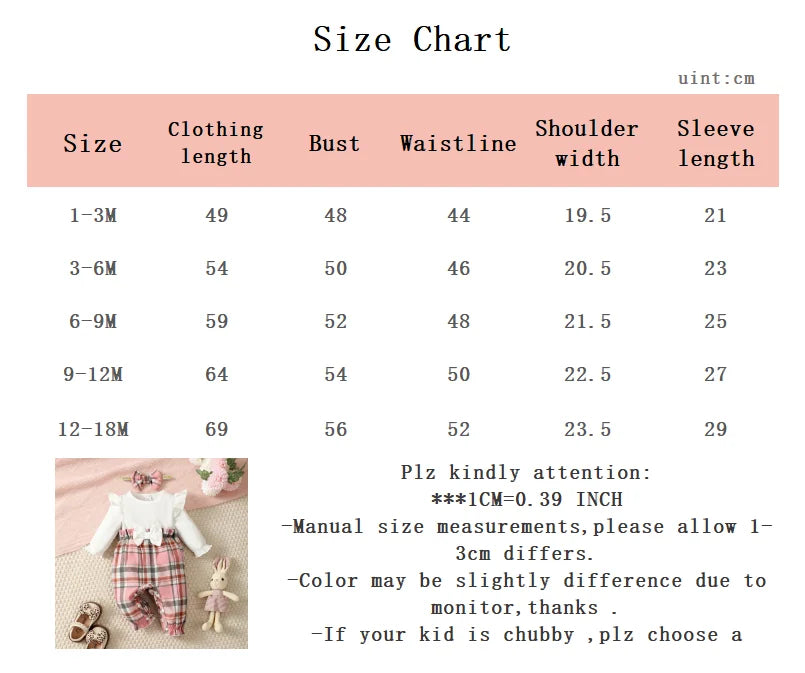 Newborn Baby girl Spring Autumn Jumpsuit Flying sleeves Pink Checkered Long sleeved Jumpsuit+Headband for 0-18 Months Baby girl