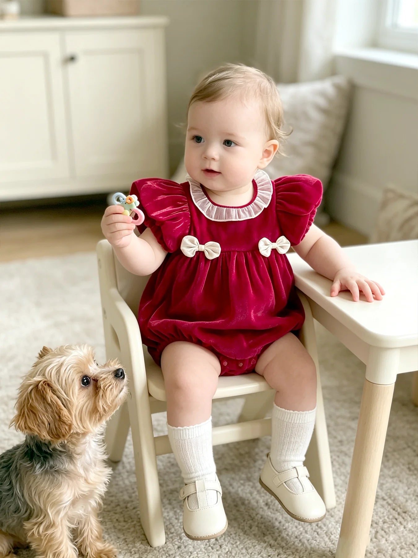 Baby-Fitting Ruffle-Collar, Cap-Sleeve, Bow-Tie Burgundy Baby Girl Onesie—Cute Spring/Summer Outfit for Newborns