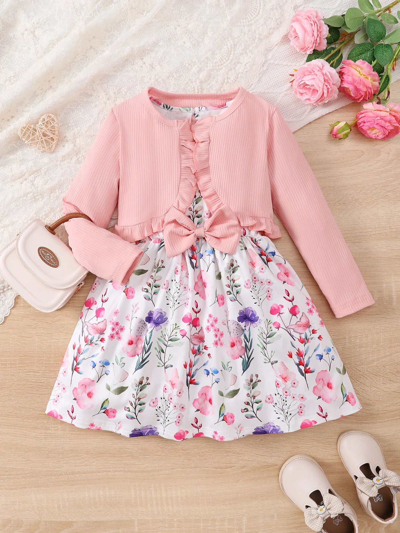 4-7 Year old Girls' Round Neck Floral Sleeveless Dress+Pink Long Sleeved Shawl 2Pcs/Set Girls' Spring and autumn Fashion Dress