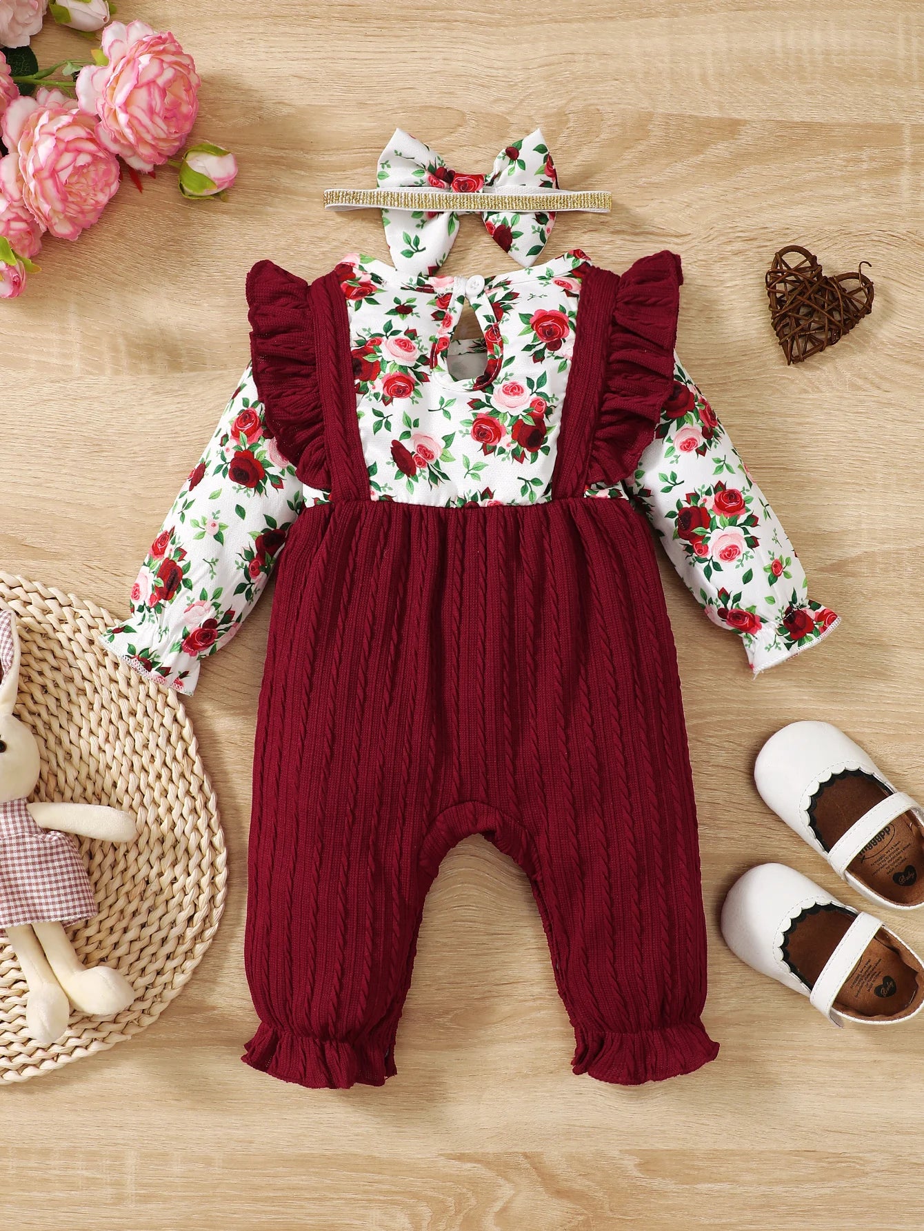 0-18 Months Newborn Baby girl Jumpsuit Beautiful Flower Long sleeved Jumpsuit+Headband Baby girl Spring autumn Fashion Jumpsuit