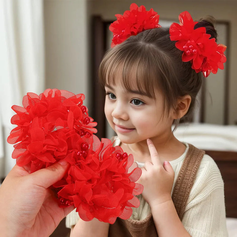 2Pcs Kids Hair Bands Set for Girls Elastic Rubber Bands Chiffon Flowers Beads Ponytail Holder Children's Hair Accessories Gift
