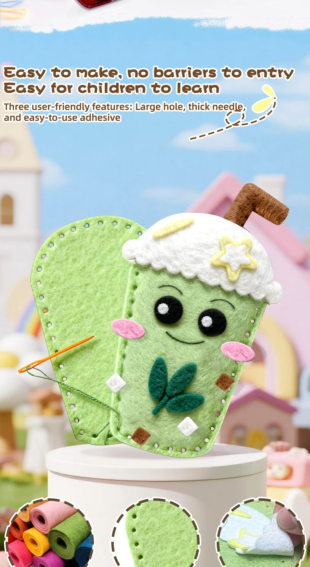 DIY Sewing Toys for Kids, Make Milk Tea Ocean Animal Plushie Craft Set Handmade Fabric with Holes and Threads Gifts