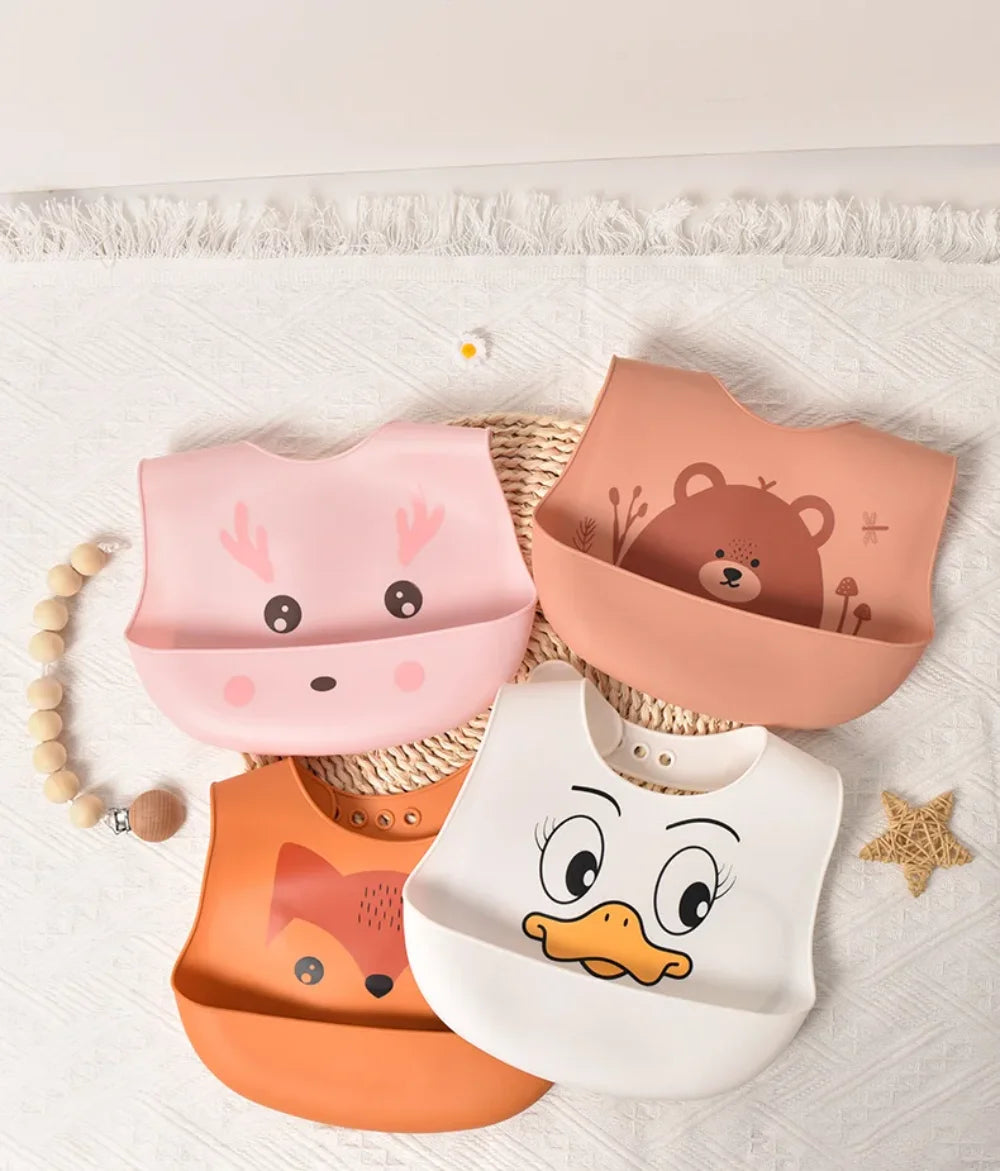 New Hot Soft Silicone Baby Feeding Bibs Waterproof BPA Free Antibacterial Adjustable Toddler Kids Large Pocket Bib Easy Clean
