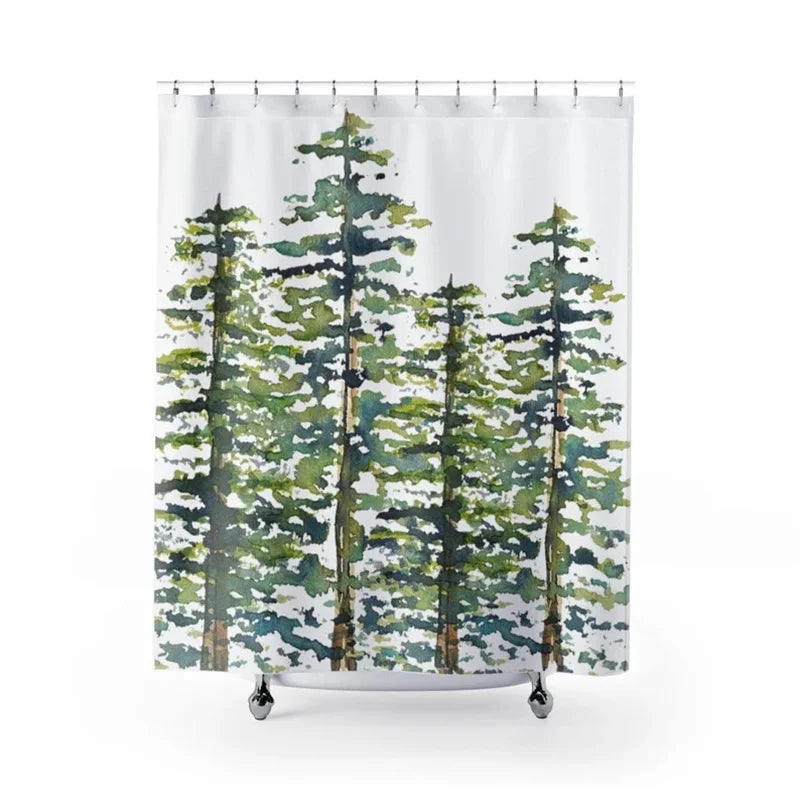 3D Digital Printed Shower Curtain, Thickened Waterproof Bathroom Curtain, Evergreen Tree Pattern Shower Curtain, Abstract Watercolor Tree, Waterproof and Anti-Fog Shower Curtain, No-Drill Set Bathroom Curtain
