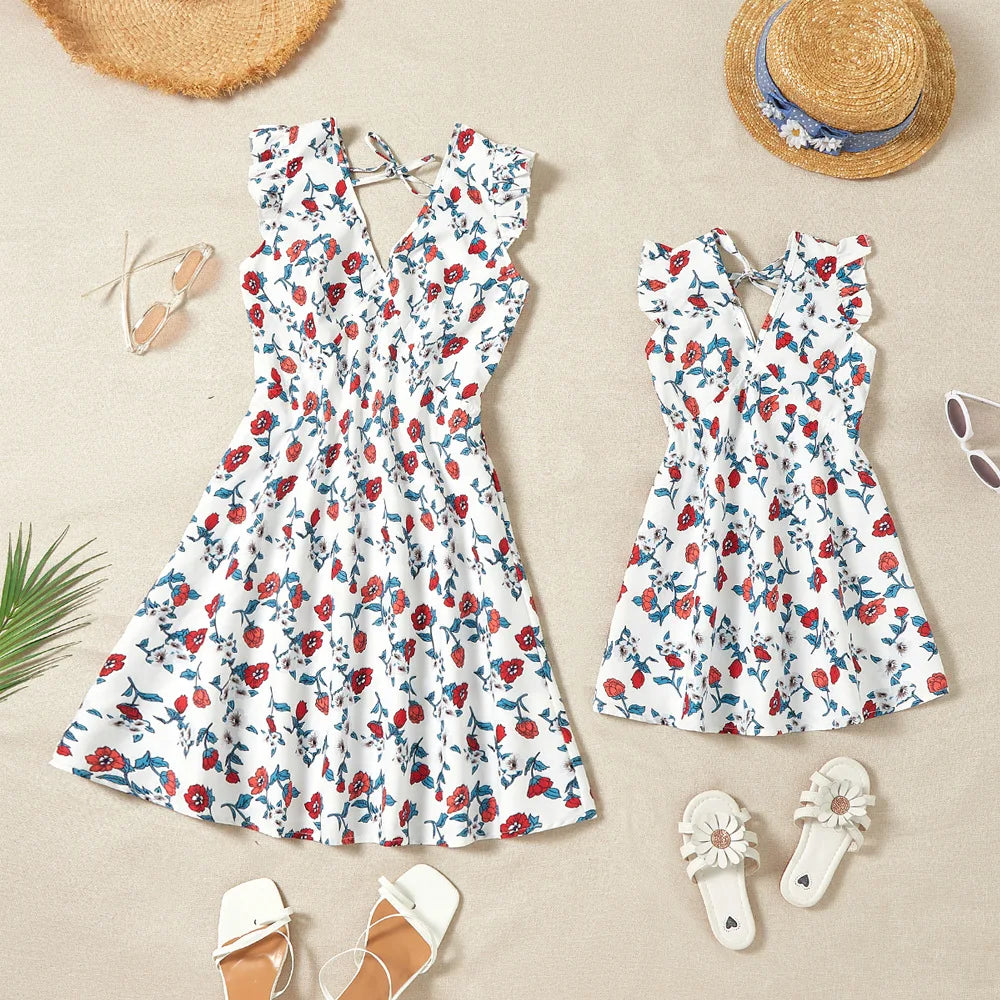 Parent-child Backless Dress Mummy Daughter Summer Floral Vestidos New Children Printed V-neck Gown Family Short Sleeve Clothing