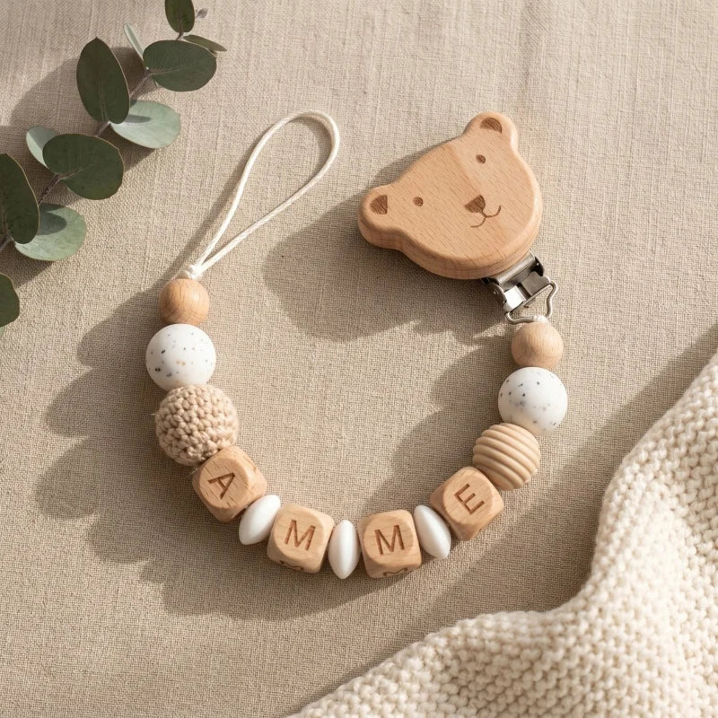 Personalized Baby Pacifier Clip with Name – Silicone & Wooden Bead Teether Soother Holder