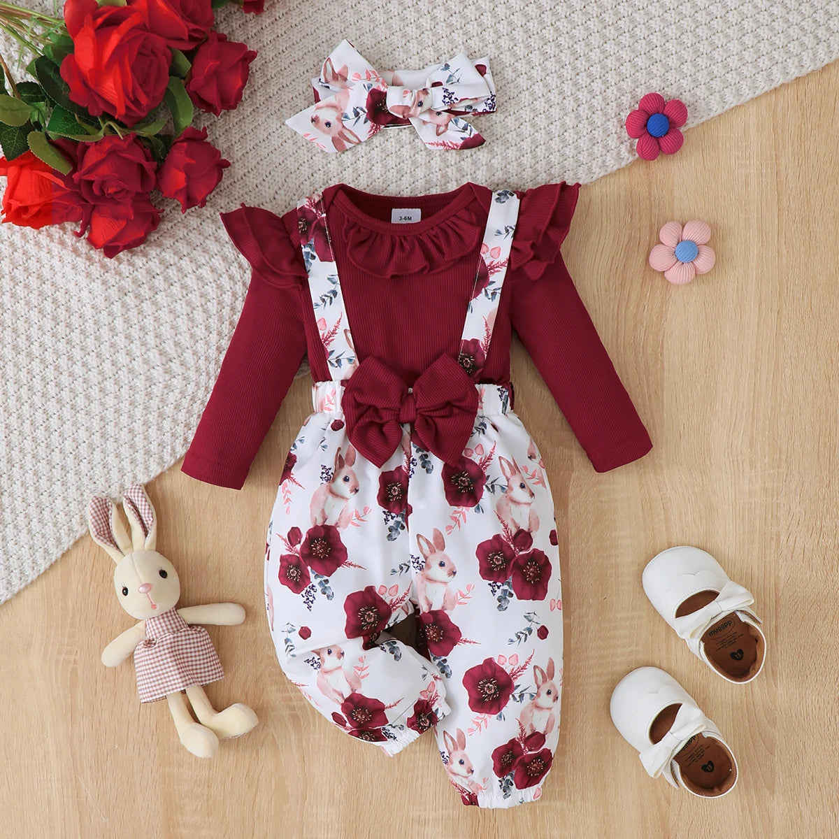 Three Piece Baby Girl Outfit Set With Jumpsuit Printed Pants And Headband Pit Strip 0 To 24 Months Spring Autumn