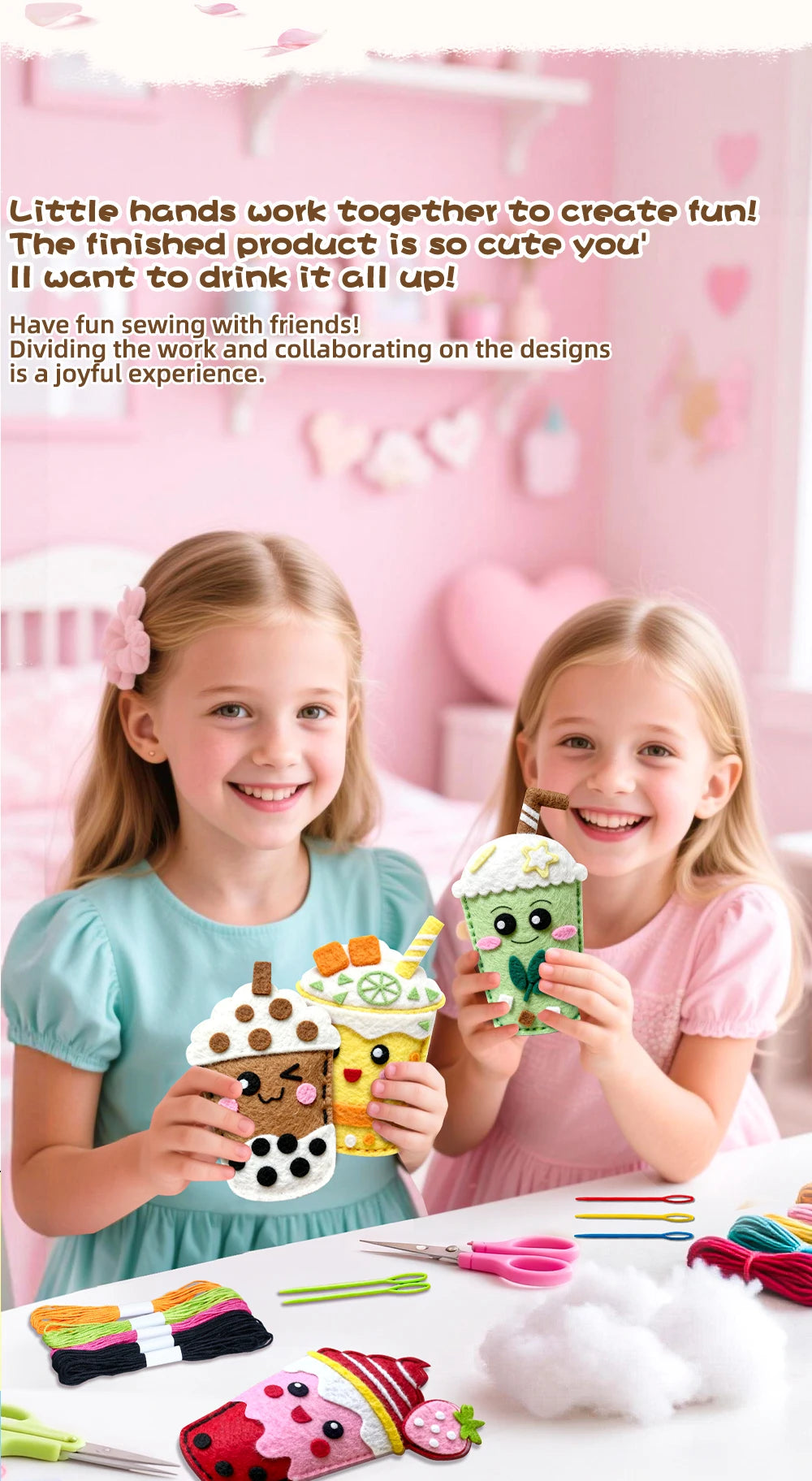 DIY Sewing Toys for Kids, Make Milk Tea Ocean Animal Plushie Craft Set Handmade Fabric with Holes and Threads Gifts