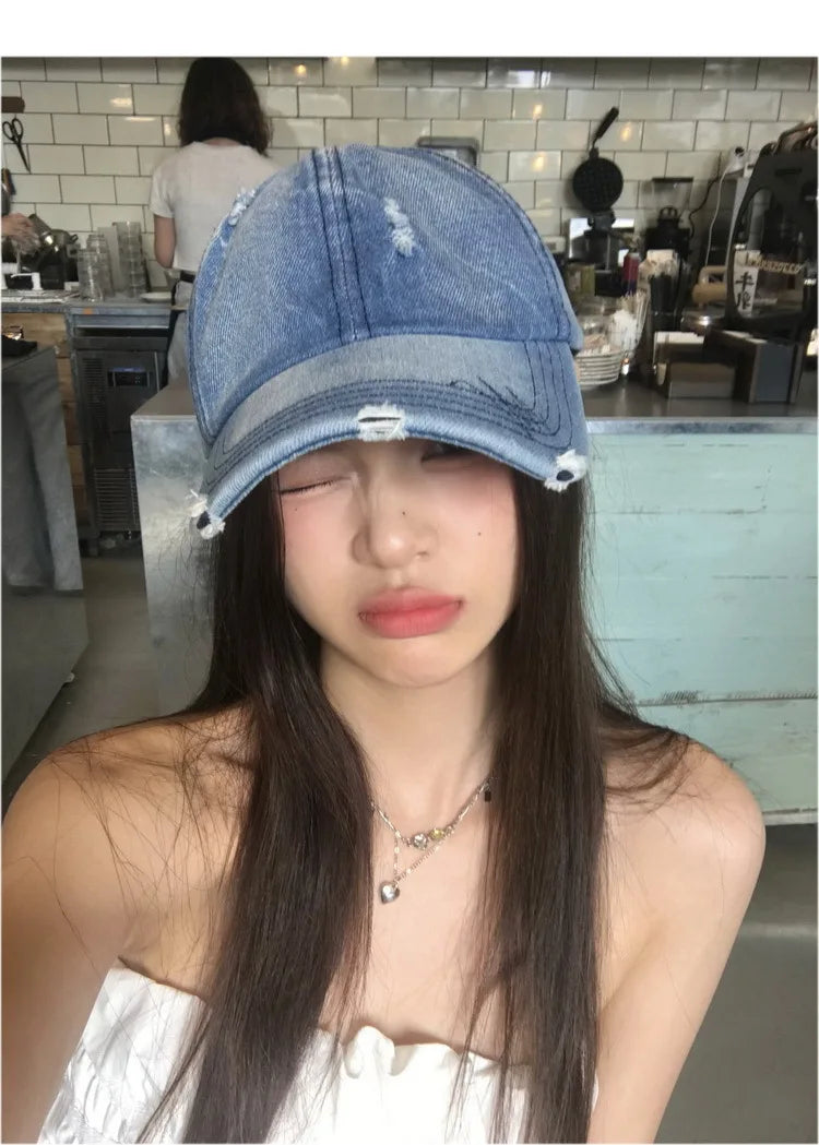 Cross-border Washed Distressed Embroidered Denim Baseball Cap Solid Color Outdoor Travel Sun Protection Visor Cap