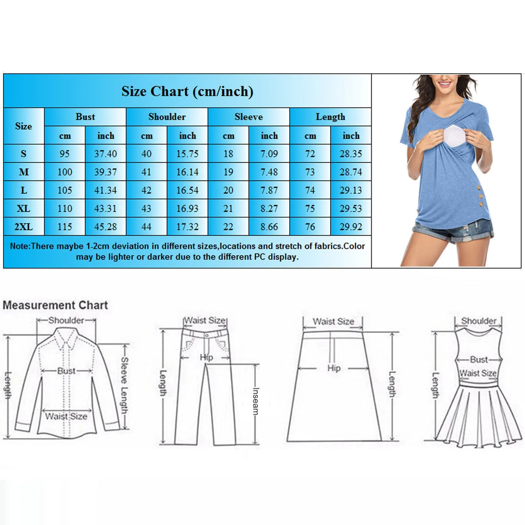 Pregnant Women T Shirt Maternity Summer Short Sleeve Side Button Crew Neck Tees Solid Color Nursing Tops For Breastfeeding New