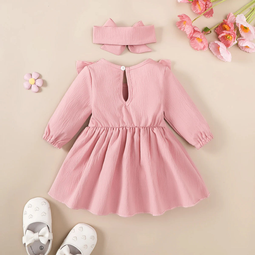 Baby clothing  Baby girl Dress Round Neck Pink Ruffled Bow Fashion Dress+Headband 0-18 Months Baby girl spring and autumn Dress