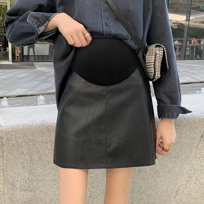 Pretty Maternity Autumn Skirts Vintage High Waist Pregnant Woman Slim Belly Skirts Elegant Pregnancy A-line Pu Leather Skirt