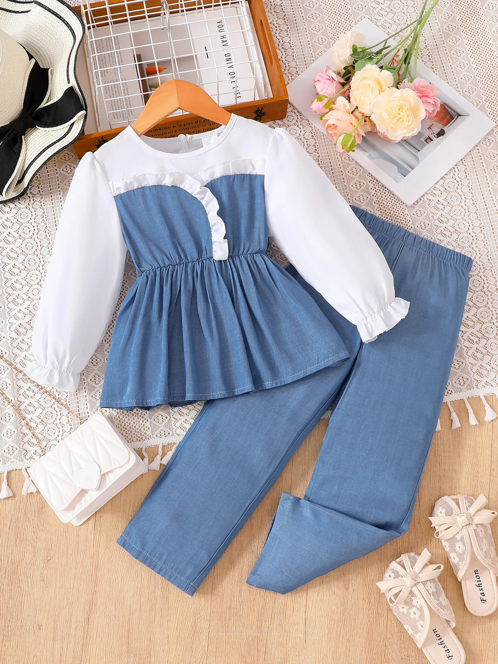 Girls Spring Autumn Denim Patchwork Two-Piece Set with White Sleeve Blue Skirt Top And Denim Long Pants for Kids