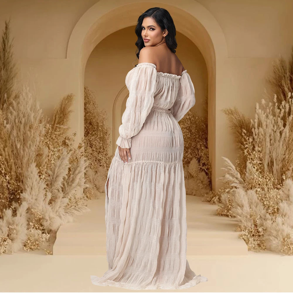 Bohemian Maternity Chiffon 2 Piece Photoshoot Dress Baby Shower Maxi Dresses Off Shoulder Lantern Sleeve Ruched Slit Outfit