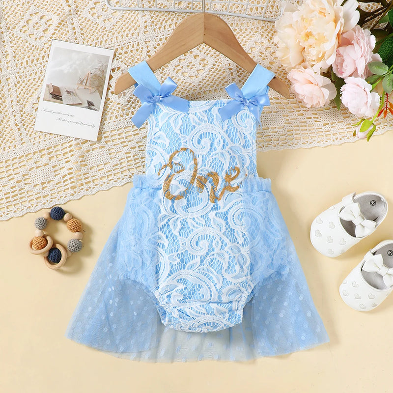 0-24 Months Cute Baby girl Jumpsuit Blue Bow Lace chiffon Fashionable Bodysuit Baby girl Summer Crawling Suit