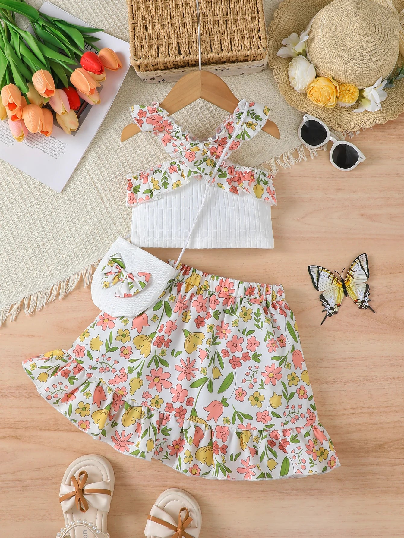 Summer girls' 3Pcs Small Floral Ruffled off Shoulder Top, Half skirt, Mini bag Fashion Set  for girls aged 4-7 Years clothing