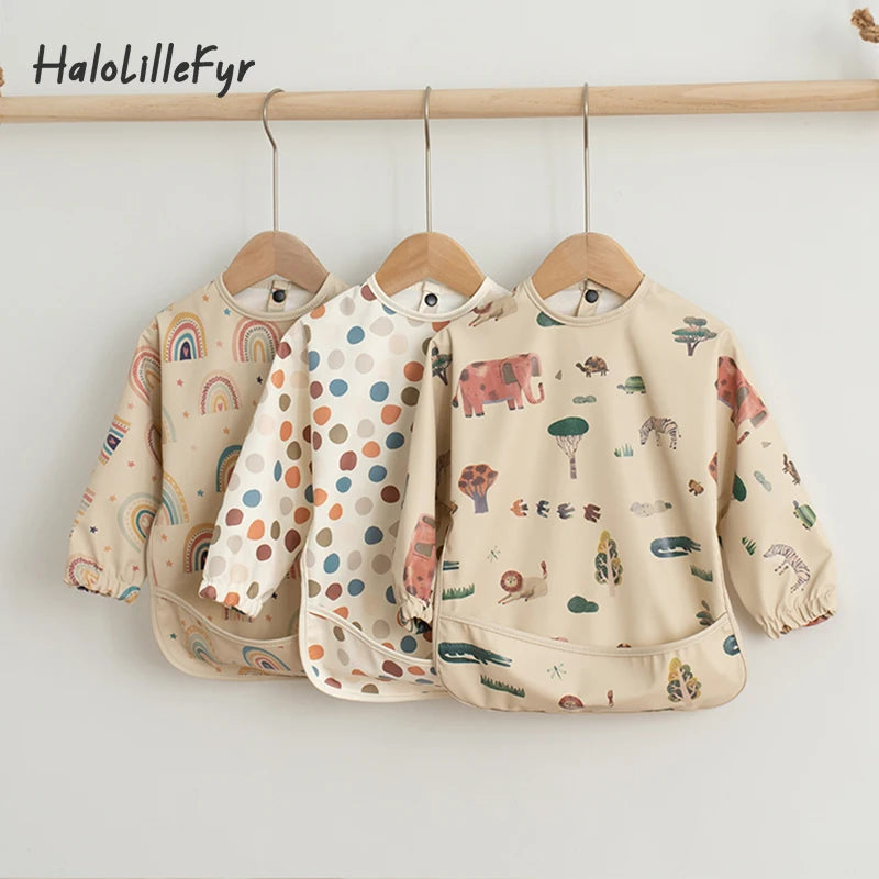Long Sleeved Baby Feeding Bibs Cartoon Art Smock with Pocket Waterproof Children' Mealtime Dining Apron for Toddlers Boys Girls