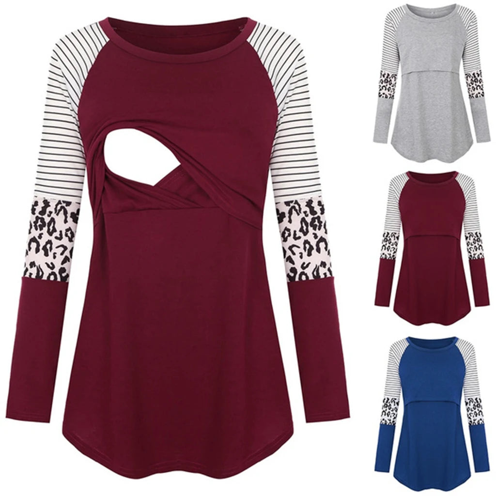 Women Maternity Long Sleeve Nursing Patchwork Color Tops Breastfeeding Blouse
