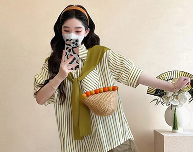 2025 Summer Maternity Pink Shirts Puff Sleeve O-neck Bowknot Hollow Out Backside Pregnant Woman Blouses Sweet Pregnancy Top Tees