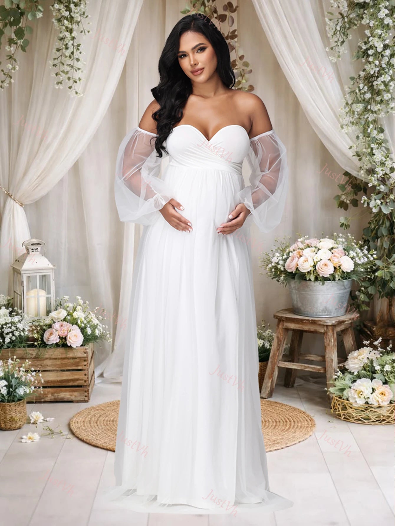 Maternity Sweetheart Neck Puff Sleeves Mesh Dress Side Split Party Gown for Photoshoot