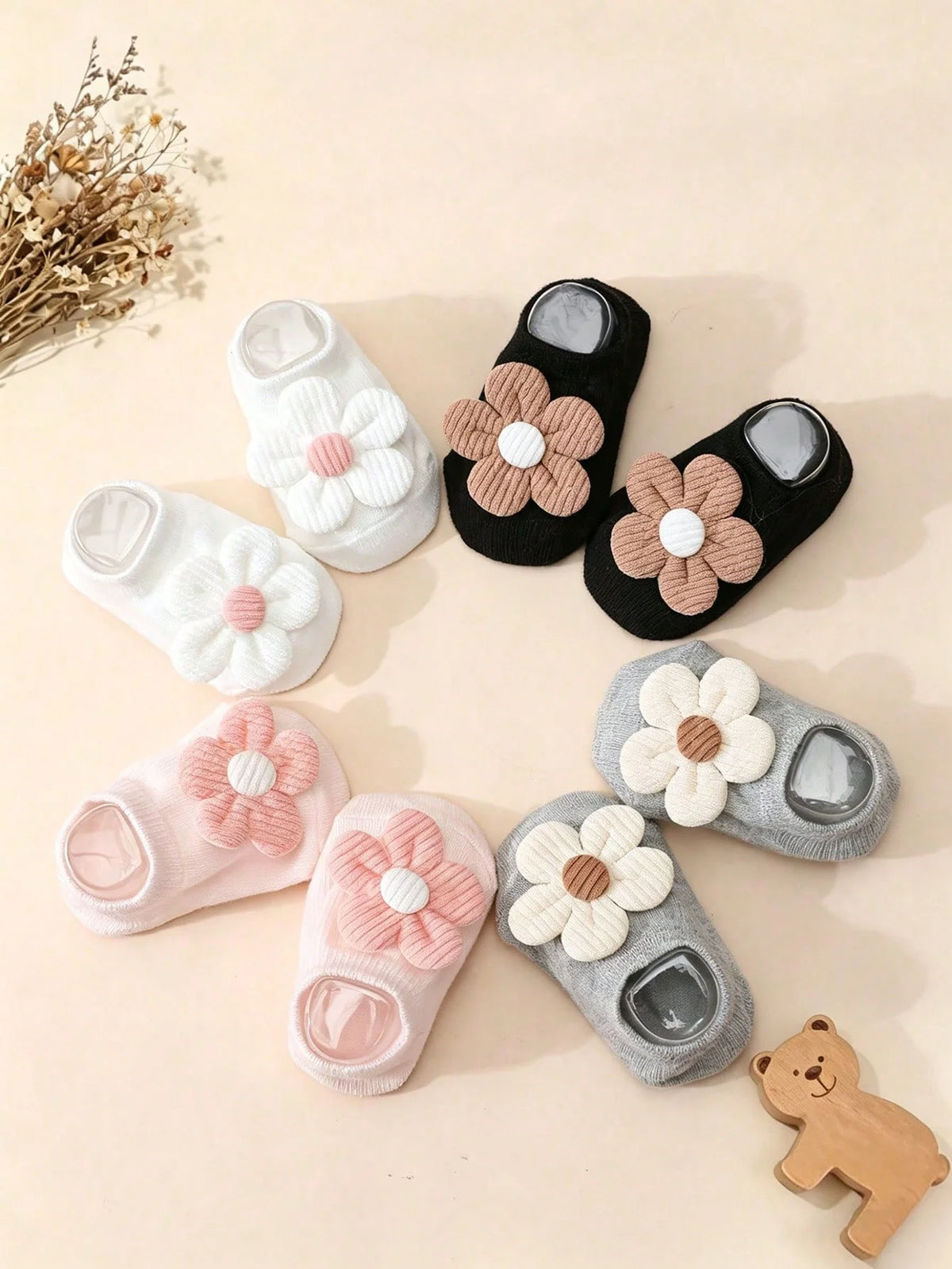 4 Pairs of Baby Girl's Cute Ladylike Flower Decorated Short Socks Solid Color Anti-Slip Bottom Boat Socks Four Seasons Versatile