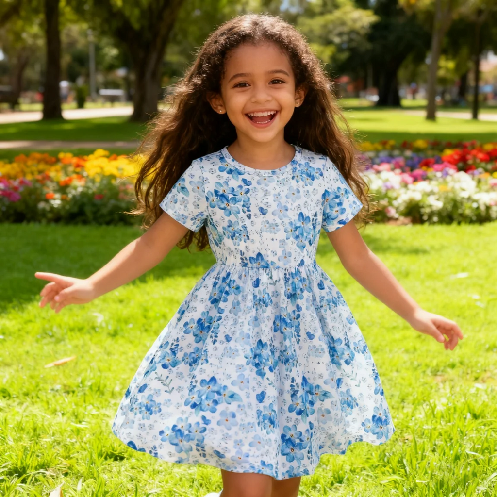 Children's girls' Round neck Blue Floral Short sleeved Dress Children's clothing 2-7 Year-old girls' Summer Casual Dress