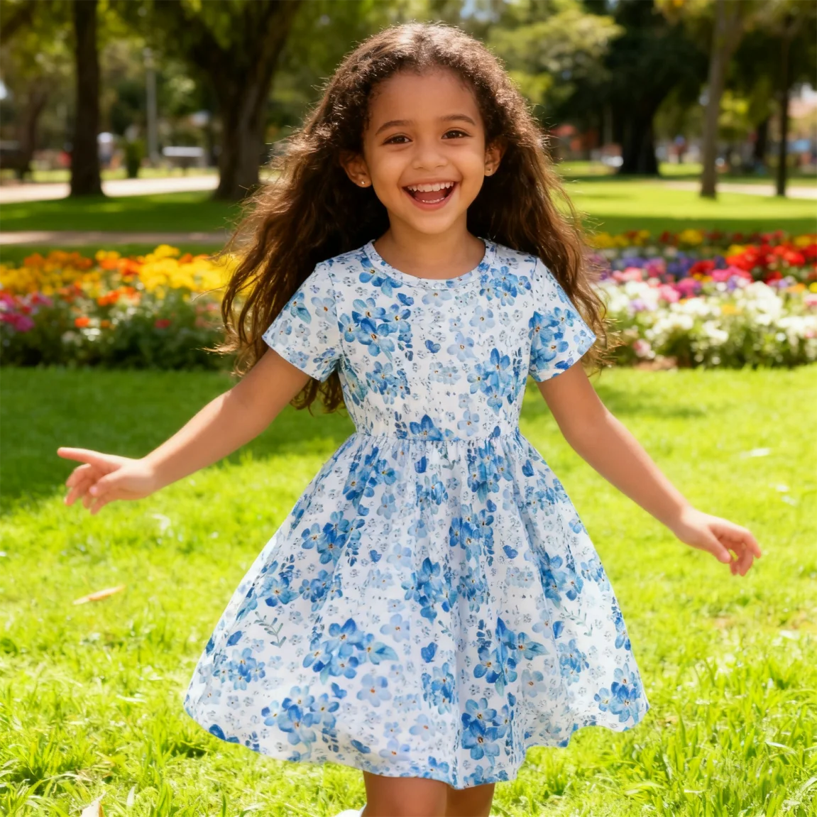 Children's girls' Round neck Blue Floral Short sleeved Dress Children's clothing 2-7 Year-old girls' Summer Casual Dress