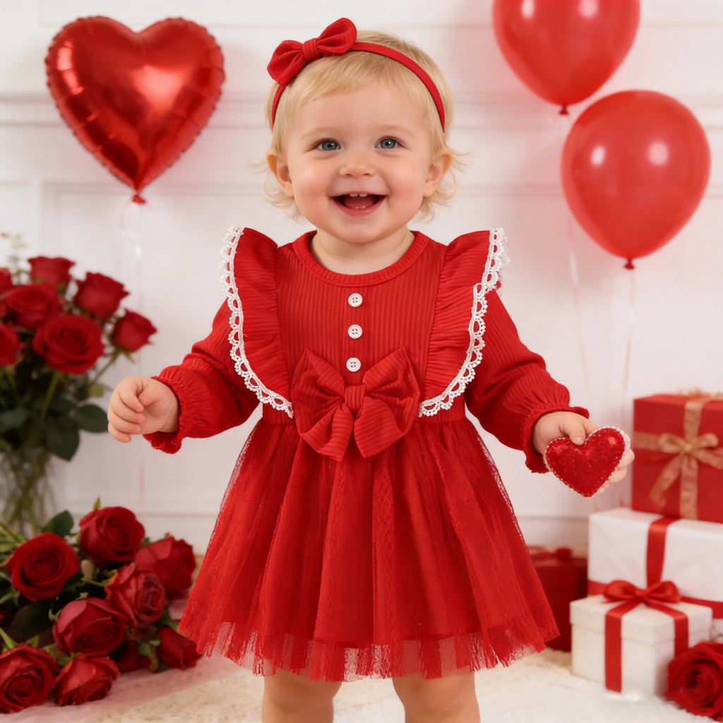 Baby girl Valentine's Day Dress Ruffled Chiffon Fashionable Dress+Bow 2Pcs for Baby girl 0-24 Months in Spring and Autumn Dress