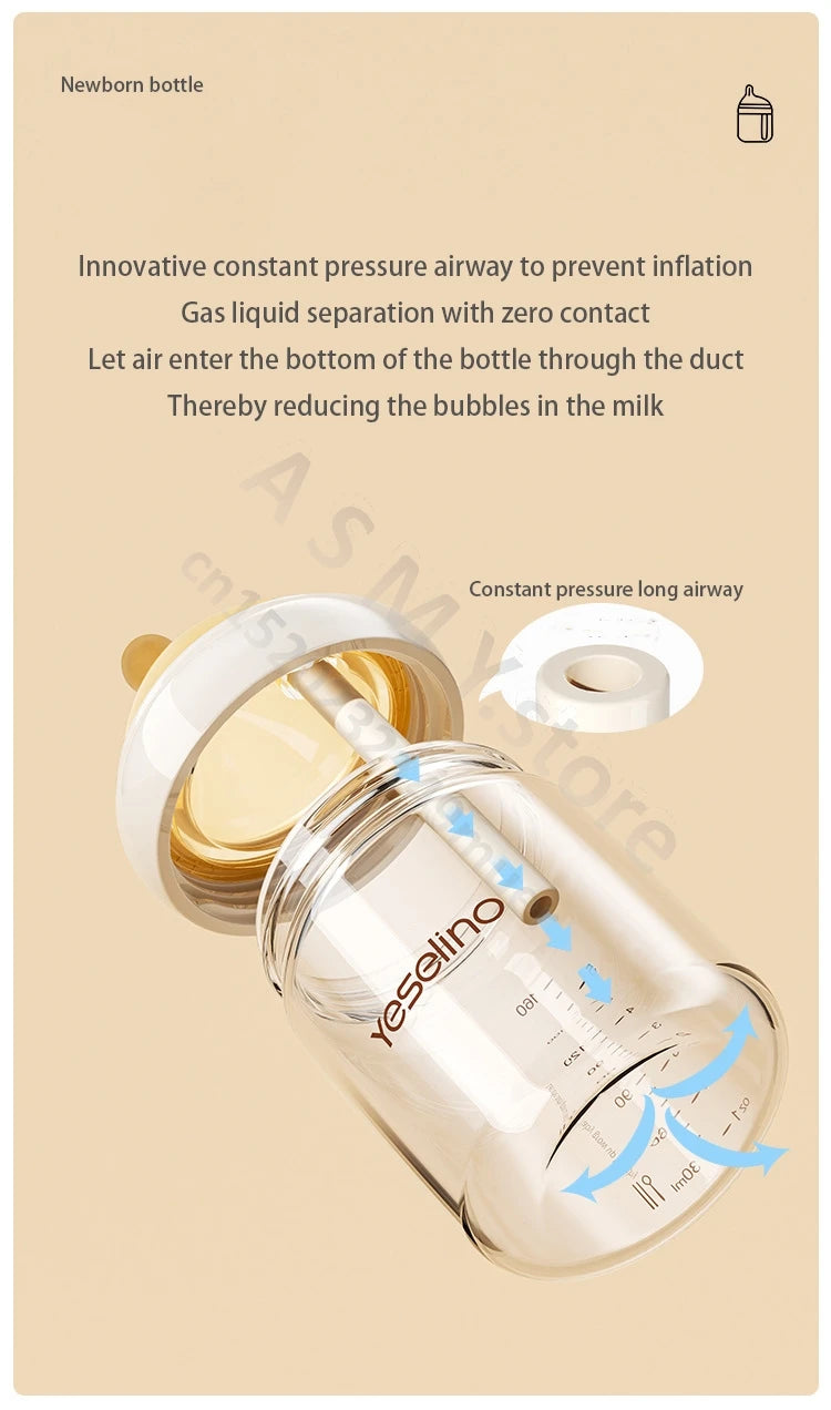 Yeselino 6th Gen newborn bottle: high borosilicate glass, anti-colic, for babies 0-6 months.