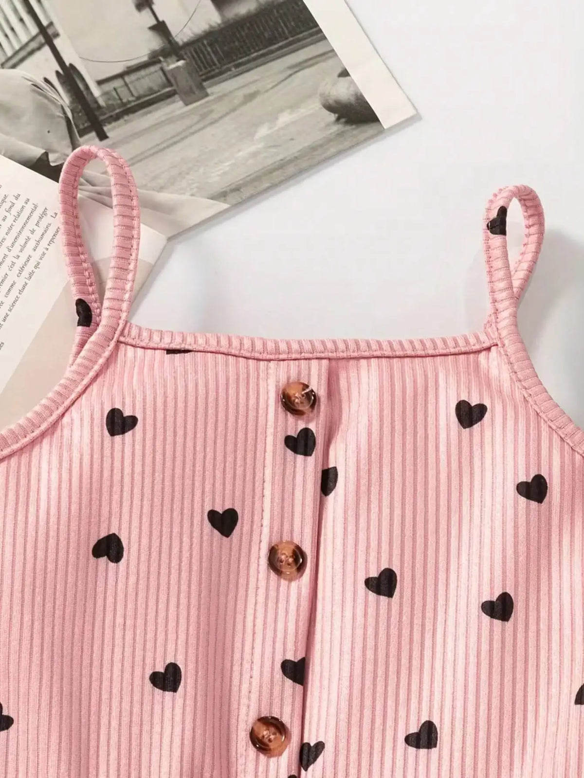 2pcs Girls Casual Summer Button up Heart-Shaped Camisole Jumpsuit Set Two Colors Suitable for Outdoor Travel