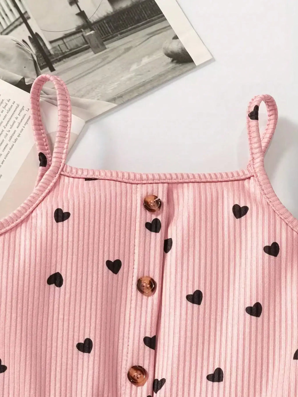 2pcs Girls Casual Summer Button up Heart-Shaped Camisole Jumpsuit Set Two Colors Suitable for Outdoor Travel