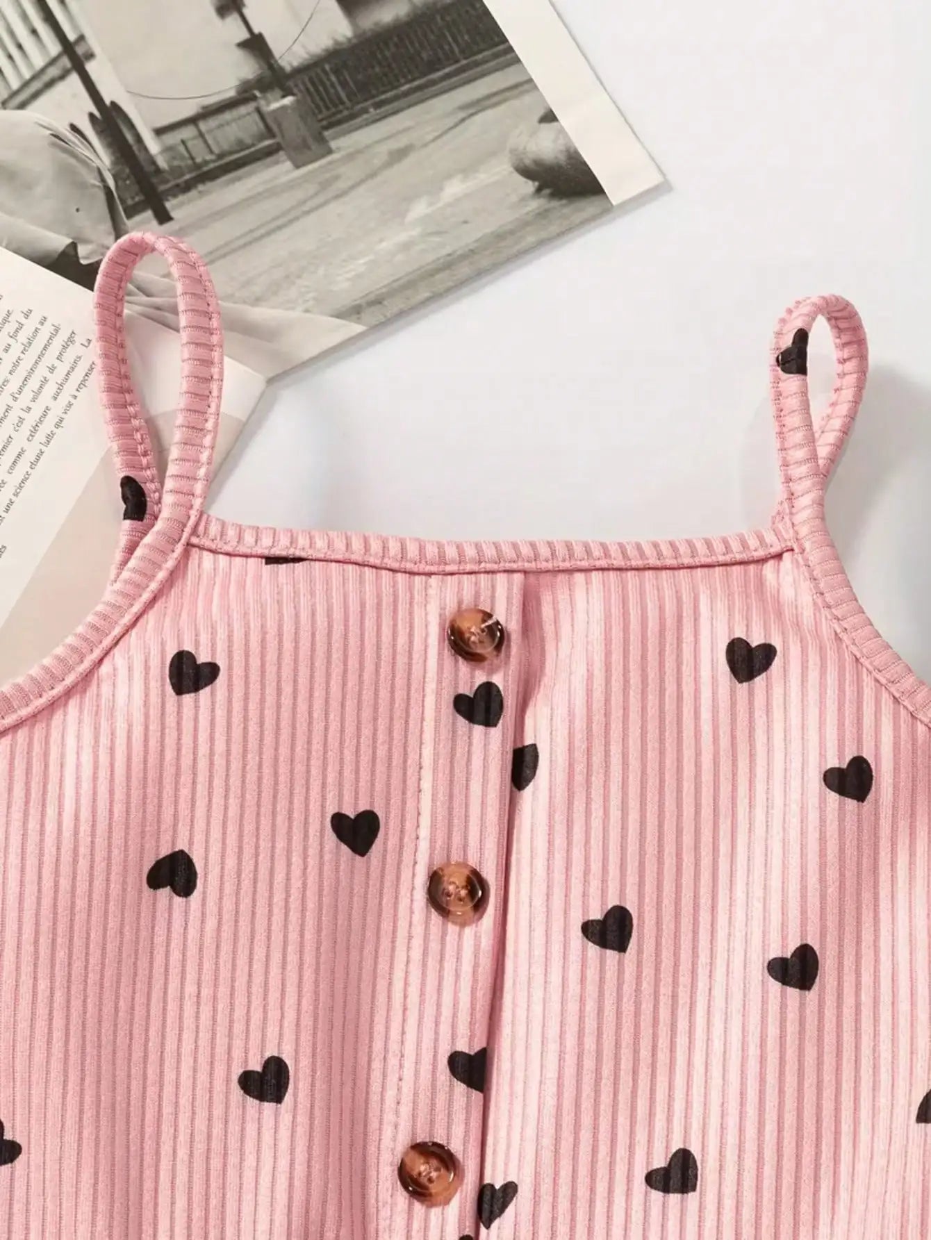 2pcs Girls Casual Summer Button up Heart-Shaped Camisole Jumpsuit Set Two Colors Suitable for Outdoor Travel