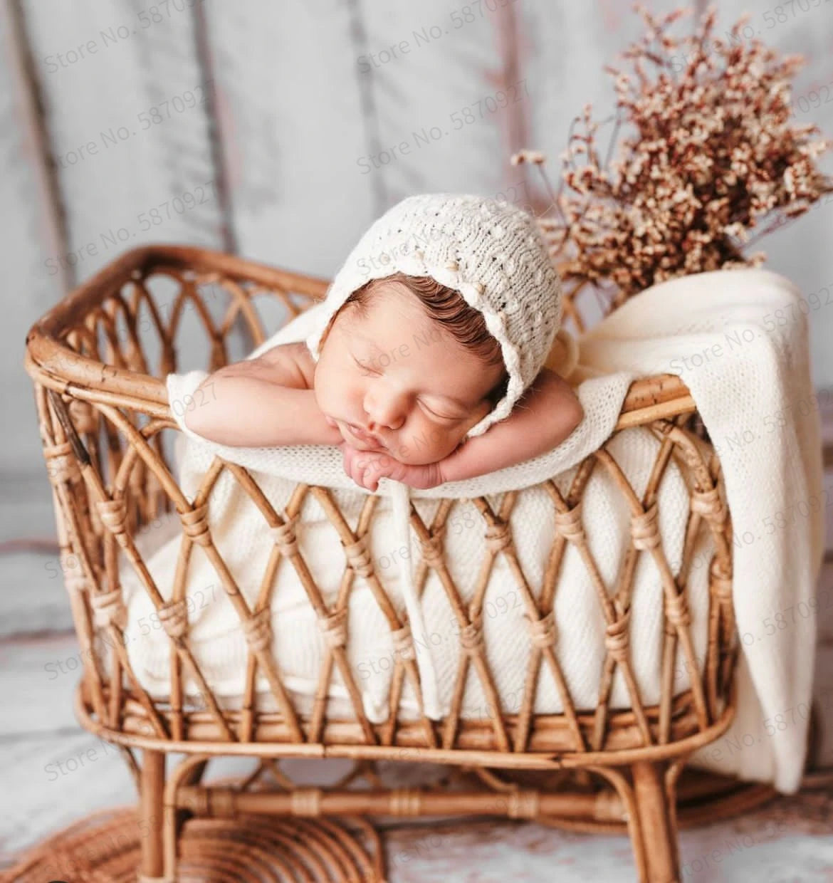 Newborn Photography Props Vintage Rattan Baby Basket With Wooden Crib For Photo Shoot Model NRB01