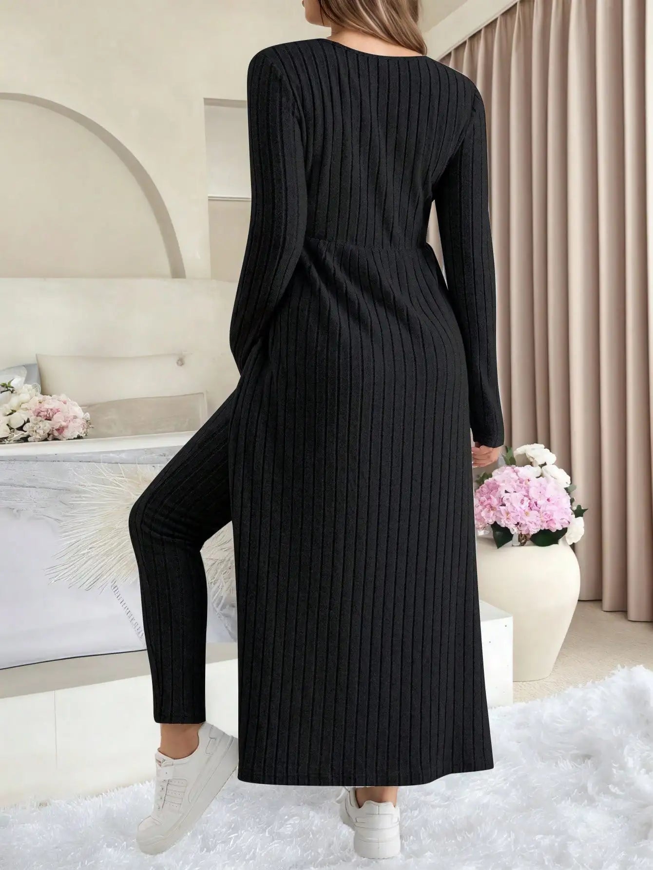 Maternity Women's Two Piece Sets and Outfits Long Sleeve Soft Ribbed Longline Casual Home Lounge Pants Set